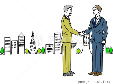 握手するビジネスマンと街並みシンプル線画 118121235