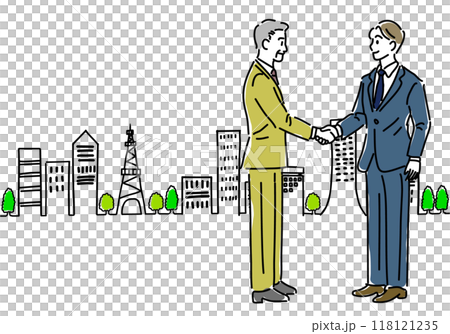 握手するビジネスマンと街並みシンプル線画 118121235