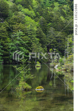 日本 長野県松本市安曇にある山岳景勝地の上高地 穂高神社奥宮神域の明神池の二之池 日本 長野県松本市安曇にある山岳景勝地の上高地 穂高神社奥宮神域の明神池の二之池 118121666