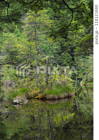 日本 長野県松本市安曇にある山岳景勝地の上高地 穂高神社奥宮神域の明神池の二之池 日本 長野県松本市安曇にある山岳景勝地の上高地 穂高神社奥宮神域の明神池の二之池 118121680