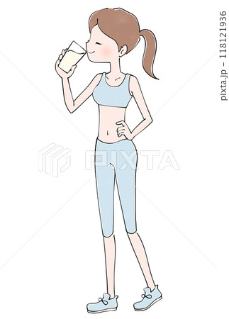 プロテインを飲む 運動する女性のイラスト プロテインを飲む 運動する女性のイラスト 118121936