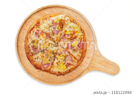 Homemade Hawaiian Pizza made by kids on a wooden tray 118122098