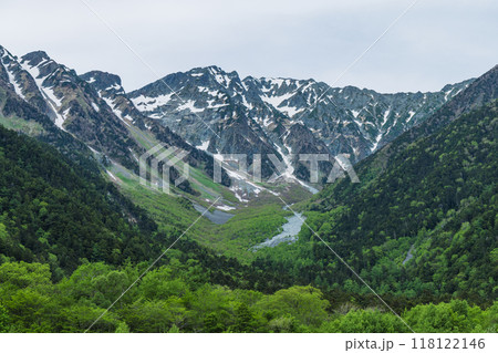 日本 長野県松本市安曇にある山岳景勝地の上高地から見える穂高連峰 日本 長野県松本市安曇にある山岳景勝地の上高地から見える穂高連峰 118122146
