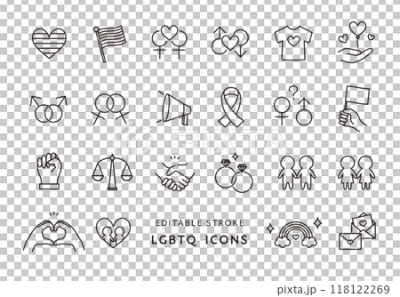 與 LGBTQ 相關的圖標集(單色) 與 LGBTQ 相關的圖標集(單色) 118122269