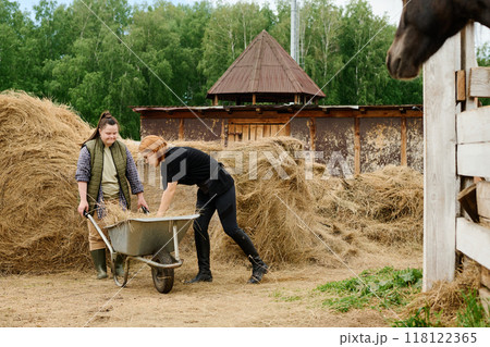Assisting with Wheelbarrow on Farm with Haystacks Assisting with Wheelbarrow on Farm with Haystacks 118122365