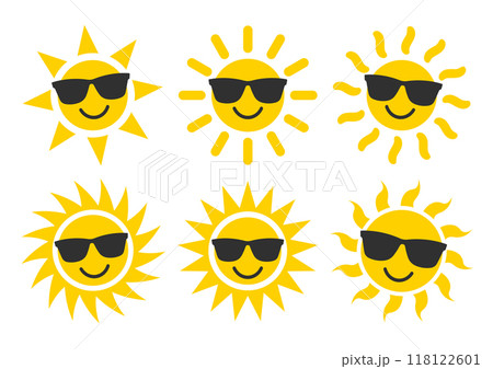 Smile Sun and sunglasses flat style icon weather and sunshine set. Forecast logo symbol collection. Vector illustration image. Isolated on white background. 118122601