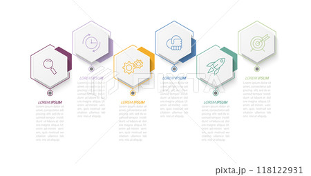 Business Infographics. 6 steps to achieve the result. Stages of development, workflow, marketing or plan. Business strategy with icons. Diagram of the report, statistics and training. 118122931