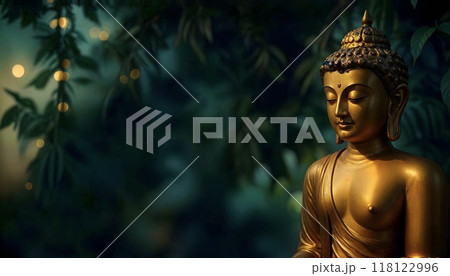 Banner with a beautiful golden Buddha statue on a dark forest background with copy space. High quality photo 118122996