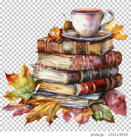 A stack of old spell books with autumn leaves and a cup of tea 118123010