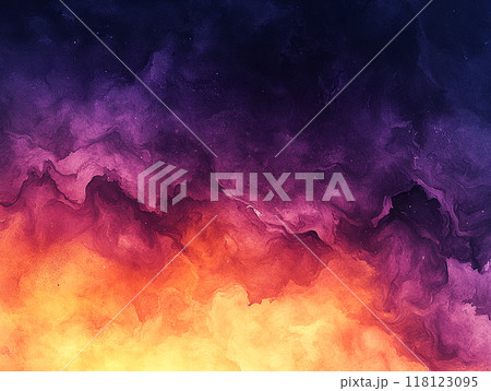 A watercolor abstract background in dark purples, evoking a spooky Halloween vibe with soft 118123095