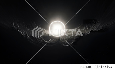 solar eclipse disk on black night sky, dark background with black hole wormhole 118123193