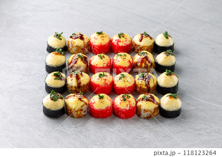 Hawaiian salmon poke bowl with avocado, Top view, gray background 118123264