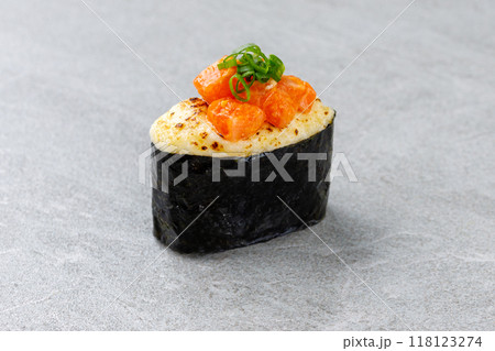 Hawaiian salmon poke bowl with avocado, Top view, gray background 118123274