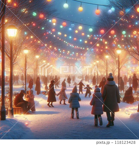 イルミネーションで賑わう広場 118123428