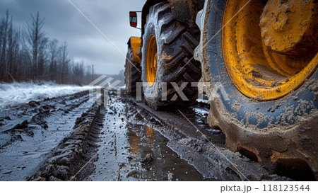 Muddy tractor tire on snowy rural road in winter. Heavy duty vehicle wheel tread tracks on dirt path through barren landscape. 118123544