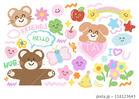 Teddy bear and friends including butterfly, puppy, apple, cherry, clover leaf, heart, flowers, star, rainbow for cartoon character, comic, mascot, animals, zoo, souvenir shop, happy emoji, cute patch 118123643