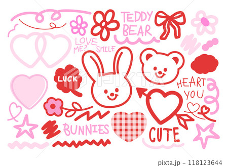 Pink and red illustration of teddy bear, bunny, heart, ribbon, flower, clover leaf for cartoon character, comic, mascot, easter, Valentine card, love sign, plush toy, animal, doll, cute patches, zoo Pink and red illustration of teddy bear, bunny, heart, ribbon, flower, clover leaf for cartoon character, comic, mascot, easter, Valentine card, love sign, plush toy, animal, doll, cute patches, zoo 118123644