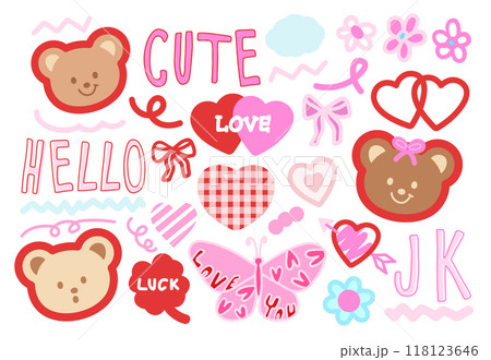 Pink and red illustration of teddy bear, clover leaf, butterfly, heart, ribbon, flower for cartoon character, comic, mascot, Valentine card, love sign, lucky icon, logo, plush toy, animal, doll, patch 118123646