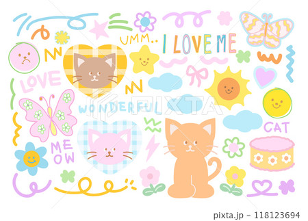Pastel illustration of cat, butterfly, cake, pink ribbon, flowers, sun, star, doodles for animal, pet shop, vet, cute patches, shirt print, cartoon character, floral print, spring time, summer, picnic 118123694