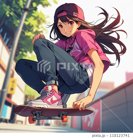 スケートボードに乗る女の子のイラスト素材 [118123741] - PIXTA