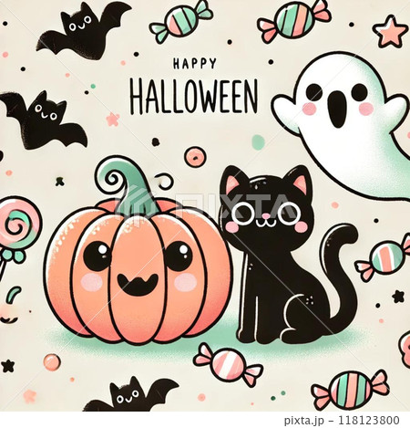 かぼちゃと黒猫とおばけのハロウィーンイラスト① 118123800