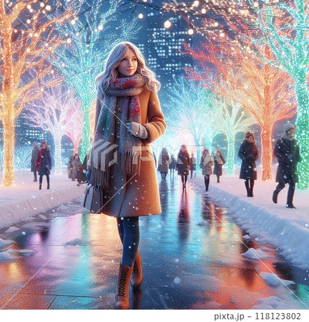 雪の中を歩く女性 118123802