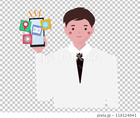 一名商人使用地圖應用程式指路。智慧型手機地圖導航。向量圖 118124041