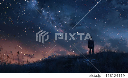 Solitary figure gazes at a star-studded night sky 118124119