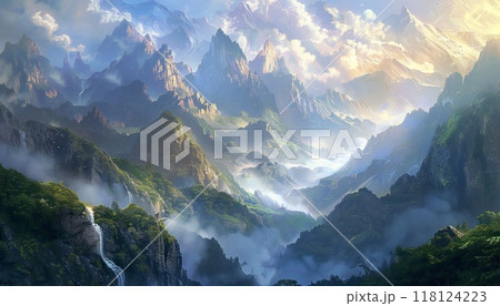 The landscape of majestic mountain peaks creates a feeling of grandeur and peace 118124223