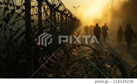 A high barbed wire fence, a grim emblem of the consequences of conflict 118124226