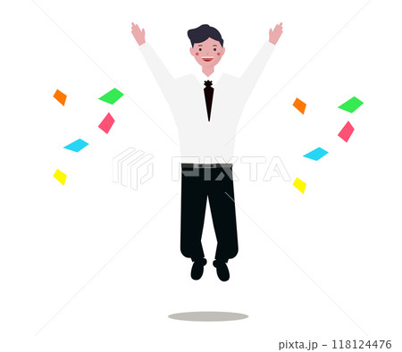 やったーっと飛んで喜ぶビジネスマン。紙吹雪の中、ハッピーな笑顔で喜ぶ会社。ベクターイラスト 118124476