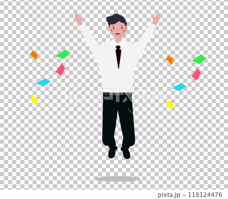 やったーっと飛んで喜ぶビジネスマン。紙吹雪の中、ハッピーな笑顔で喜ぶ会社。ベクターイラスト 118124476