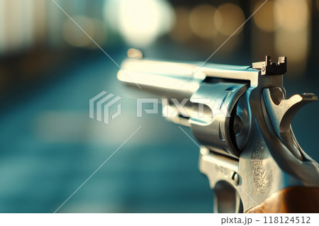 Closeup of a revolver barrel in focus. Security, law enforcement, gun safety 118124512