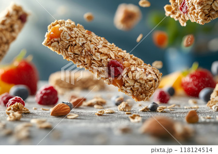 Granola bar with oats, berries, and dried fruits floating in mid air. Healthy snacks 118124514