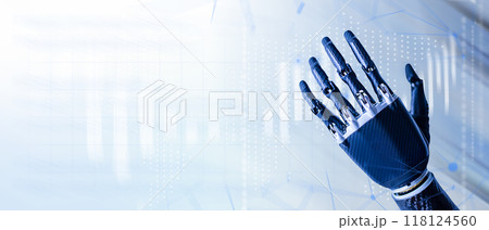 A robotic hand is shown on a blue background 118124560