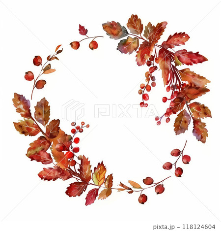 秋、落ち葉、紅葉、リースの水彩イラスト　Generative AI 118124604