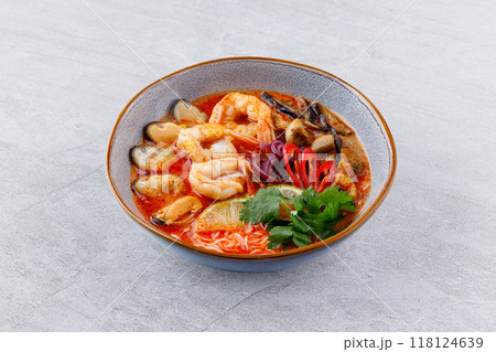 Varieties of soup bowls assorted. Many flavors of soups collection set. mushroom soup, chicken soup, pumpkin soup, shrimp, beef, vegetable, crab. set of various bowls of soups isolated. 118124639