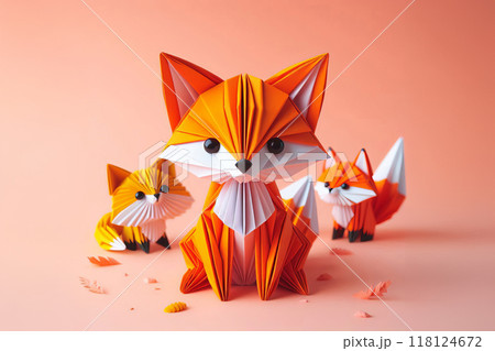 Paper origami fox with orange belly, folded paper animal sculpture, portrait shot, autumn vibes, charming handmade art piece, perfect for creative DIY lovers and crafters, 118124672