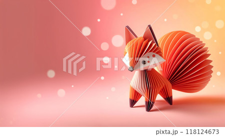 Playful 3D geometric paper fox with orange tail, displayed against a pink to light orange gradient background, showcasing creative and charming craft design, 118124673
