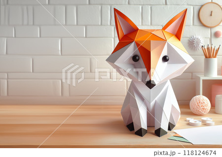 Geometric paper fox in white, orange, from front view, artistic and colorful elements, autumn craft for kids, entertainment and hobbies leisure 118124674