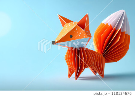 Charming paper craft fox, geometric, three dimensional with orange tail, accordion pleats, polka dot body, set against a blue gradient, playful design, ideal for craft projects 118124676