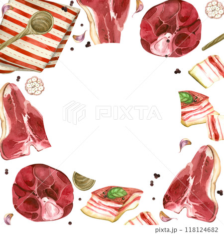 Meat, meat products, pork, beef, lard and bacon, steaks, striped towel, spoon, pepper and garlic. All objects are hand-drawn with watercolor. Round frame for food packaging design, menu. 118124682
