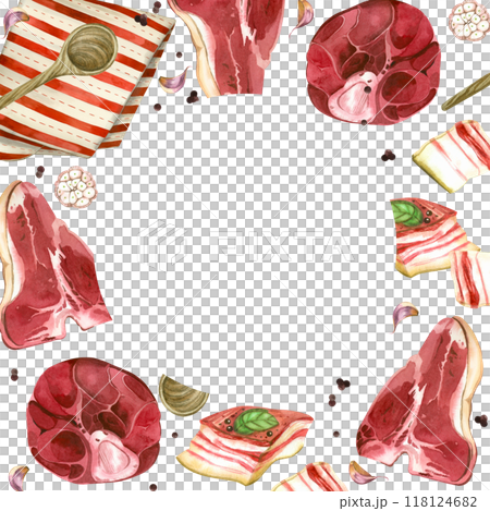 Meat, meat products, pork, beef, lard and bacon, steaks, striped towel, spoon, pepper and garlic. All objects are hand-drawn with watercolor. Round frame for food packaging design, menu. 118124682