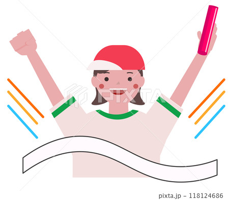 運動会でリレーをゴールする小学生の女の子。ベクターイラスト	 118124686