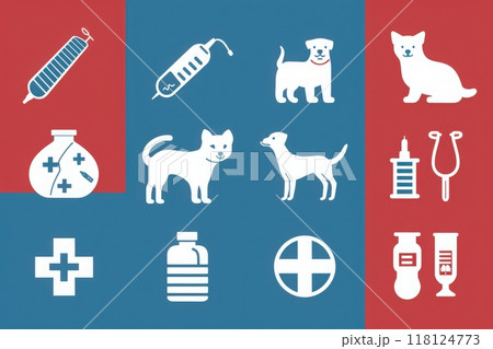 A collection of icons illustrates various aspects of veterinary care for pets. The clean layout features dogs, cats, medical tools, and health symbols, emphasizing pet health and well-being efforts. 118124773
