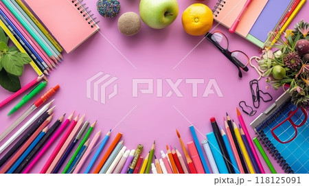 Colorful Border Frame Background with School Supplies and Fruits for Back to School Concept on Pink Surface Colorful Border Frame Background with School Supplies and Fruits for Back to School Concept on Pink Surface 118125091