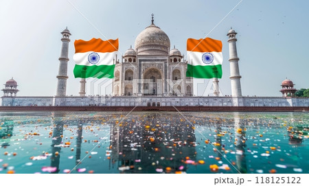 Celebrating India's Independence Day at the Iconic Taj Mahal with Indian Flags and Reflective Water Celebrating India's Independence Day at the Iconic Taj Mahal with Indian Flags and Reflective Water 118125122