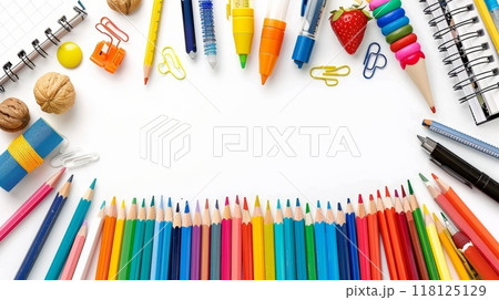 Colorful Education Back to School Background with Stationery Supplies and Pencils for Creative Learning 118125129