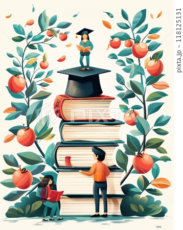 Colorful Back to School Frame Background with Books, Students, and Apple Trees - Perfect for Educational and Academic Themes 118125131