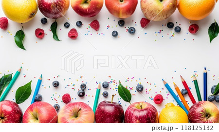 Colorful Education Back to School Background with Fruits, Pencils, and Berries on White Surface Colorful Education Back to School Background with Fruits, Pencils, and Berries on White Surface 118125132